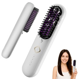 Cordless Hair Straightener Brush, Portable Straightening Brush for Travel, Negative Ion Hot Comb Hair Straightener for Women, Straightening Comb for Travel & Home, Lightweight to Carry Out, White