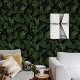 MAGAFA Tropical Plants Green Peel and Stick Wallpaper Self Adhesive Removable Wallpaper Dark Green/Black Contact Paper Waterproof Decorative Vinyl Wallpaper for Bedroom Living Room 17.71”x236.2”