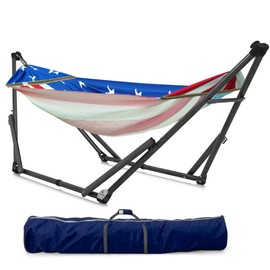 Tranquillo Uniki Adjustable Hammock with Stand for Indoor and Outdoor, Portable Camping Hammock Frame, 550 lbs Capacity, Collapsible and Durable, American Flag