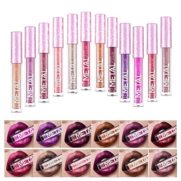 PhantomSky 12PCS Long Lasting Metallic Glitter Liquid Lipstick Collection, Shimmer