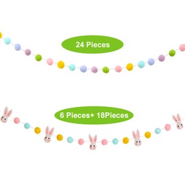 2 Pieces Easter Felt Garland Wool Felt Rabbit Pom Pom Garland Bunny Ball Colorful Pom Pom Garland for Easter Party Decoration Supply