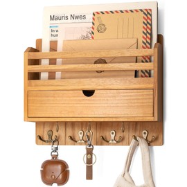 Rebee Vision Modern Farmhouse Mail Organizer with Drawer Organizer - Rustic Key and Mail Holder for Wall with 7 Key Hooks for Apartment Essentials - Aesthetic Home Decor (Light Brown)