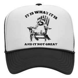 It is What It is and It is Not Great Trucker Hat | Vintage Raccoon Funny Meme | Premium Foam Snapback Hat for Men & Women (US, Alpha, One Size, Black/White)