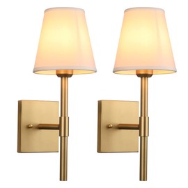 Pathson Set of 2 Bathroom Wall Sconces with White Fabric Shade, Cloth Wall Mounted Lighting for Living Room Bedroom Hallway Brass Finish Base