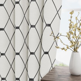 Joywell Cream Linen Textured Curtains 84 inches Long for Living Room Embroidered Farmhouse Window Curtains Grommet Curtains 2 Panels Heavy Cotton Curtains Black Checkered Pattern on Beige