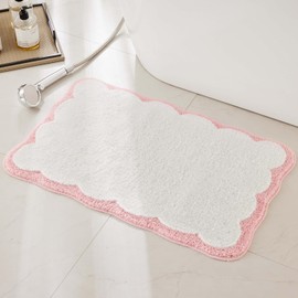 Non-Slip Bath Mat, Scalloped Bathroom Floor Mat Super Soft and Water Absorbent, Machine Washable Microfiber Rug for Bath, Shower, Bedroom, Kitchen, Doorway (Pink, 50 x 80 cm)