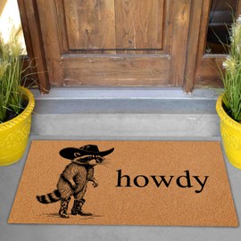 Funny Howdy Raccoon Welcome Mat Cute Western Cowboy Door Mat Indoor Outdoor Doormat Cool Front Door Mat Outside Entrance 30 x 17 Inches Rug for Entryway, Porch, Patio, Home Decor