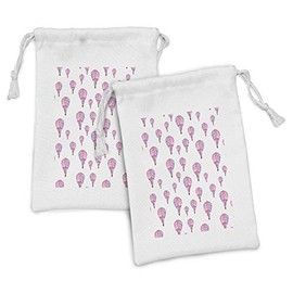 Ambesonne Mauve Fabric Pouch Set of 2, Vintage Flying Hot Air Balloons Motif Nostalgic Lovers Goodbye Print, Small Drawstring Bag for Toiletries Masks and Favors, 9" x 6", Pink and Lavender