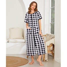 Ekouaer Women Robes Zipper Front Short Sleeve Full Length Housecoat with Pockets Loungewear Black Plaid,L