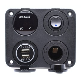 Cllena Dual USB Socket Charger 2.1A&2.1A + LED Voltmeter + 12V Power Outlet + ON-Off Toggle Switch Four Functions Panel for Car Boat Marine RV Truck Camper Vehicles GPS Mobiles (Blue)