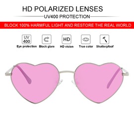 JOVAKIT Polarized Heart Sunglasses for Women Fashion Lovely Style Metal Frame UV400 Protection Lens (Silver/Pink&Purple Mirror)