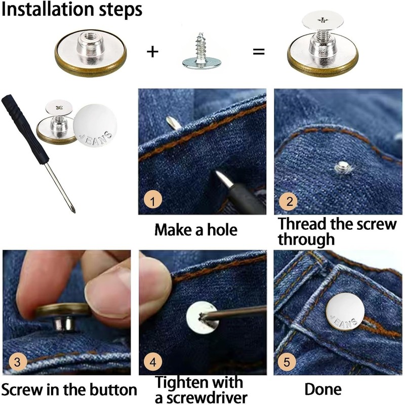 No-Sew Jeans Button Replacement Kit, 10 Sets Metal Snap Tack