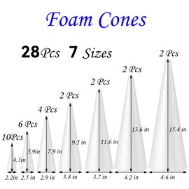 YURN Craft 28 Pack Foam Cones for Crafts, Foam Trees Cones, 7 Assorted Sizes Cones Shaped Foam (4,6,8,10,12,14,16") for Christmas Decorations, Gnomes, and DIY Art Projects.