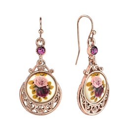 1928 Jewelry Women's Rose Gold Tone Manor House Purple & Pink Rose Flower Amethyst Crystal Drop Earrings