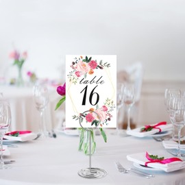 26 PCS Table Number Holder - Table Card Holder Stand Wire Photo Holder with 26 Pcs Floral Table Number Cards, Place Card Holder Stand for Weddings Party Office Paper Memo Menu Note Clips
