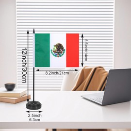 JBSJBS Mexico Desk Flag 12" Solid Pole Deluxe Set Mexican Flags Banner Mini Small Mexico Office Table Flags with Black Stand Base Desktop Decorations(2Pack)