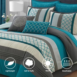 LANCO MODERN LIFESTYLE California King Comforter Set, Grey Teal Bedding Set, Jacquard Woven with Geometry, 8 Pieces Bed in a Bag, Bed Skirt, Shams and Decorative Pillows