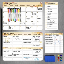 Magnetic Calendar for Refrigerator Whiteboard (4-Pack) Weekly & Monthly Planner, Chore Charts, Grocery/to-Do Lists White Board with 8 Markers, 6 Magnets, and 1 Eraser for Home Kitchen, Yellow