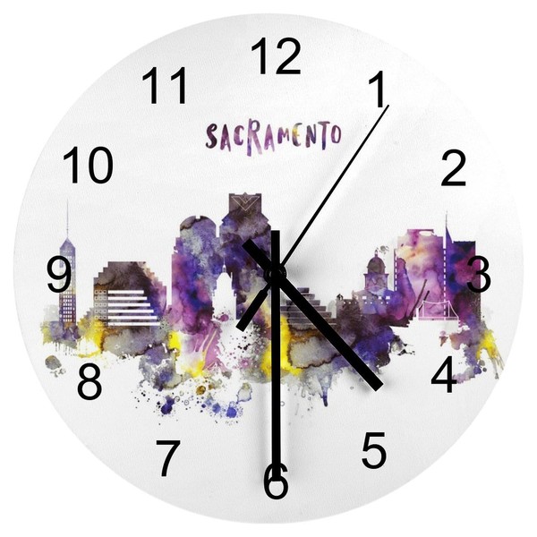 EQEY Sacramento Cityscape Skyline Wall Clock Silent Non Ticking Round