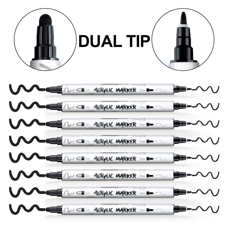 TRANSON 8 Pack Black Bold and Fine Dual-tip Acrylic Paint