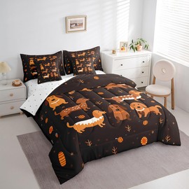 Feelyou Cute Sausage Dog Print Bed in a Bag Cartoon Dachshund Comforter Set with Sheets for Teens Boys Girls Bedroom Decor Puppy Dog 7 Piece Bedding Set Queen Size Kawaii Dog Reversible Bed Set