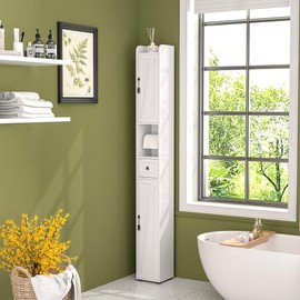 VECELO Bathroom Cabinet with Adjustable Shelf, Narrow Storage Cabinet for Small Space, Tall Cabinet with Metal Toilet Paper Rod,Drawer,2 Farmhouse Style Doors，Pearl White