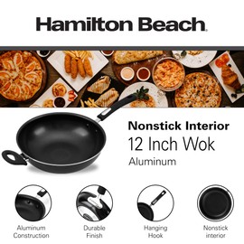 Hamilton Beach Nonstick Wok Pan 12-Inch - Black Aluminum Wok Pan with Soft Touch Bakelite Handle - Flared Edge - Spiral Bottom, Easy To Clean, Multipurpose Use - Durable & Dishwasher Safe