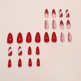 24Pcs Red Press on Nails Medium Almond Fake Nails with Red Glitter Designs Reusable French Acrylic Nails Full Cover Solid Color False Nails Glossy French Tip Stick on Nails for Women Girls Nail Art