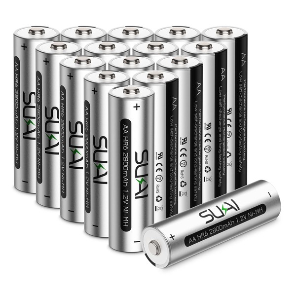 SUKAI Rechargeable AA Batteries 2800mAh High Capacity Ni-MH 1.2V Pre-Charged 16 Pack Double a Batteries