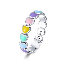 RUKYF 925 Sterling Silver Rainbow Heart Rings for Women Teen Girls Hypoallergenic Dainty Colorful Heart Finger Rings Promise Ring for Her Birthday Valentine's Day Gifts Size6
