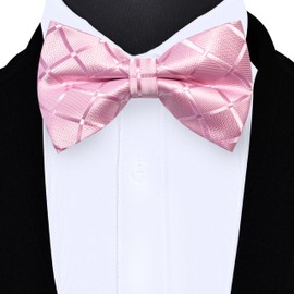 Gusleson Pink Bow Tie Pocket Square Set for Wedding Pre-Tied Plaid Checkered Bowties Handkerchief Cufflinks for Men (UK0494-17)
