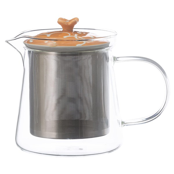Saikai Pottery 20495 Hasami Ware Issei Pottery Glass Teapot, Large, Approx. 20.1 fl oz (600 ml) (Includes Super Stainless Steel Tea Strainer), Flower Pattern, Orange, Made in Japan