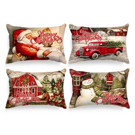Lanpn Vintage Merry Christmas Lumbar Throw Pillow Covers 14x22 Set of 4, Decorative Long Retro Xmas Santa Cushion Covers Pillow Cases 14 x 22 for Home Bedroom Room Holiday Couch Decor Decorations