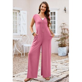MEROKEETY Women's Cap Sleeve One Piece Jumpsuit Casual Wide Leg Pants Overalls with Pockets,DustyPink,L