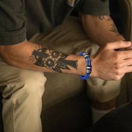 Raymard Mens Christian Cross Double Row Leather Bracelet, Religious Braided Cuff Bracelet for Men, Blue - 8.1"