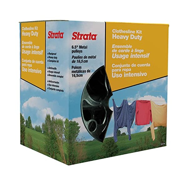 Strata Clothesline Outdoor Heavy Duty Kit - 150 Feet Galvanized Wire Gold PVC Coating, 6.5" Clothesline Pulley 2pcs, Metal Mini Winch Tightener 1pc, Plastic Spreader / Spacer 1pc & 2 Metal Hooks