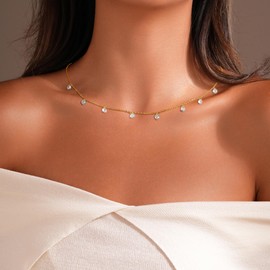 IPEPPY 925 Sterling Silver Cubic Zirconia Station Necklaces for Women Dainty 14k Gold Plated Simulated Diamond Pendant Necklace Round Crystal Chain to Daughter Wedding Prom Brides Jewelry Gifts (Gold)