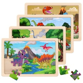 NASHRIO Wooden Puzzles Dinosaur Toys for Kids Ages 3-5, Set of 4 Packs with 20-Piece Wood Jigsaw Puzzles, Preschool Educational Brain Teaser Boards for Boys and Girls 3 4 5 6 Years Old