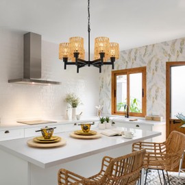 KUSSCO 6-Light Boho Rattan Chandeliers for Dining Room Black Farmhouse Pendant Lights Kitchen Island Adjustable Height Rustic Chandelier for Living Room Bedroom Entryway Foyer E26 Base