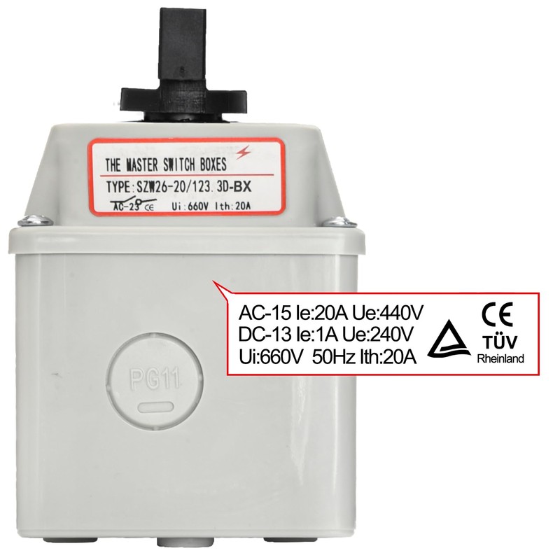 Heschen Universal Locking Cam Selector Switch, SZW26-20-123.3D-BX, 660V 20A, ON-OFF