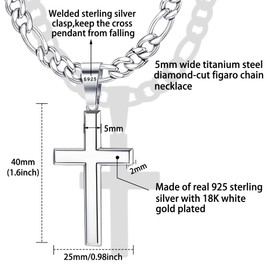 Kakonia 925 Sterling Silver Cross Pendant Necklace for Men Women with 5mm Stainless Steel Durable Figaro Chain 18K White Gold Plated Beveled Edge Crucifix Pendant Necklace Cross Chain Necklace 61CM