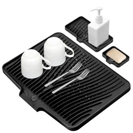 TIKNIK Silicone Dish Drying Mat for Kitchen Counter, Dish Drying Pad, Non-Slip Drain Pad with Built-in Drain, Heat Resistant Stone Drying Mat, 1 set XL(Black)