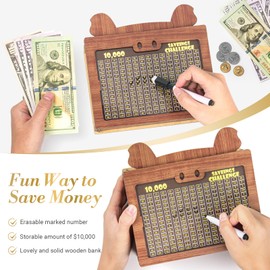 Marycele Money Saving Box, 10000 Wooden Piggy Bank for Adults Kids, Coin Cash Box Gifts Toys for Ages 8-13, Reusable Kakaibo Money Box for Kids Birthday Gifts Boys Girls Adults Challenge （5 Amounts）