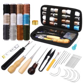 Leather Sewing Kit, Upholstery Repair Kit, 48pcs Heavy Duty Sewing Kit with Stitching Needles, Sewing Awl, Seam Ripper, Sewing Thread for Repair, Hand Sewing, DIY Leather Crafting