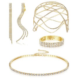 Kakonia 4 Piece Rhinestone Jewellery Set for Women Headpiece Silver Head Chain Vintage Necklace Bracelet Long Tassel Earrings Bridal Earrings Wedding Jewellery