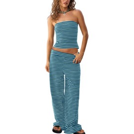 Tankaneo Womens Striped 2 Piece Sets Summer Strapless Crop Tube Tops Wide Leg Pants Matching Lounge Set Vacation Outfits
