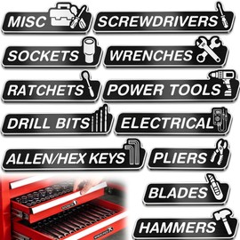 YIUS 12 Pack Aluminium Magnetic Tool Box Labels, HD Laser Printing Tool Box Labels with Strong Magnets, Reusable Metal Magnetic Labels for Steel Toolboxes, Carts, Cabinets, Gift for Him(Black)