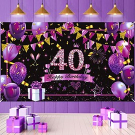Cartel de decoración de 40 cumpleaños, color morado y negro, dorado con texto en inglés "Happy 40 Birthday", color morado brillante, negro, 40 cumpleaños, para mujeres y hombres, suministros de fiesta