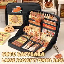Solvexa Capybara Pencil Case Kit, Large Capacity 12-Layer Stationery Bag With Plush Brooch, Pen, Keychain, Stickers, Cute Memo Pad and Clip (Black)