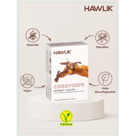 HAWLIK Vital Mushrooms Cordyceps CS-4 Extract + Powder - 120 Capsules in Blister - With Vitamin C - Combination of Extract & Powder - Vegan